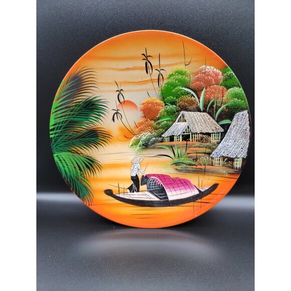 Vietnamese Lacquerware Plate Wall Art Hanging Colorful 8" Orange Green - Picture 3 of 6